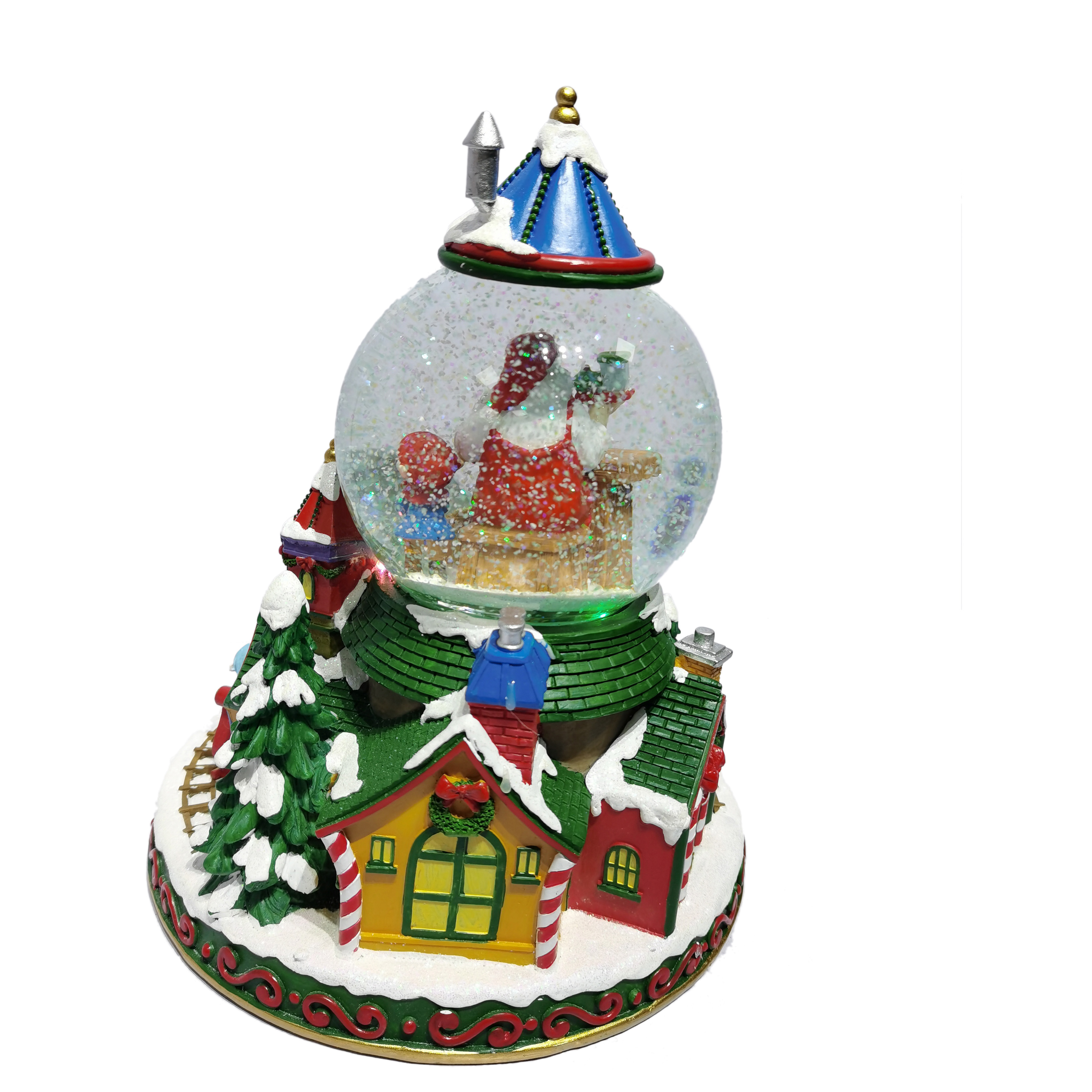 Resin custom Rotatable colorful  lighted village Christmas snow globe with  music for festival decoration