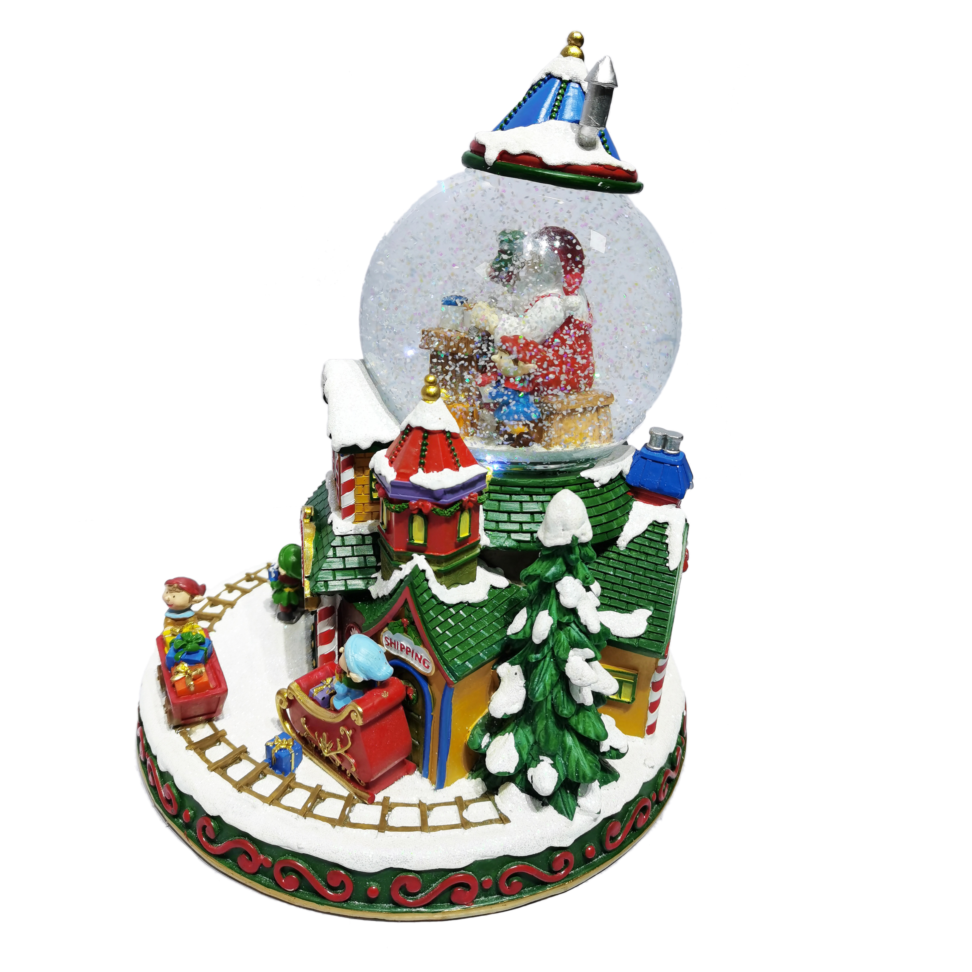 Resin custom Rotatable colorful  lighted village Christmas snow globe with  music for festival decoration