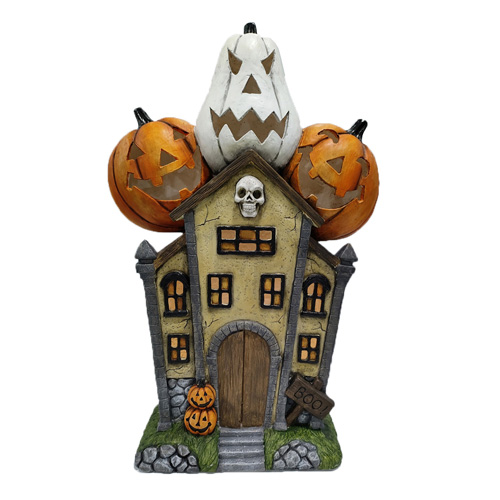 Polyresin Crafts Handmade Big 30"Inch Black Haunted House with LED Light for Halloween Festival Decoration