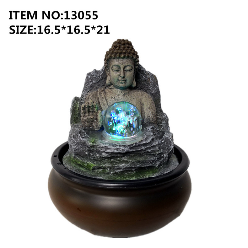 Polyresin Crafts Europe Style Meditating Buddha Statue with Water Fountain Led Light Indoor Decor
