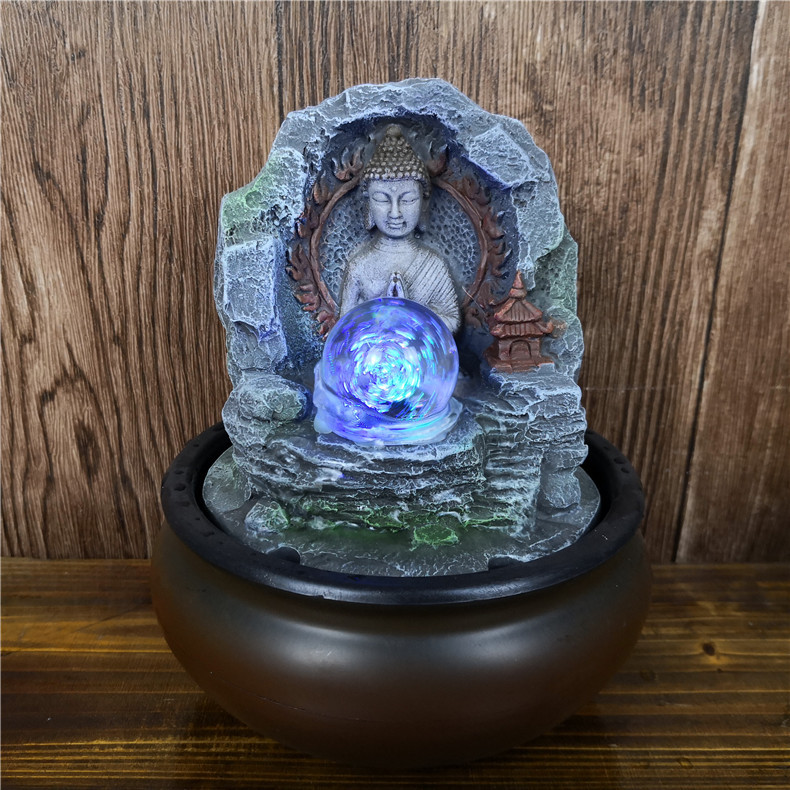 Polyresin Crafts Europe Style Meditating Buddha Statue with Water Fountain Led Light Indoor Decor