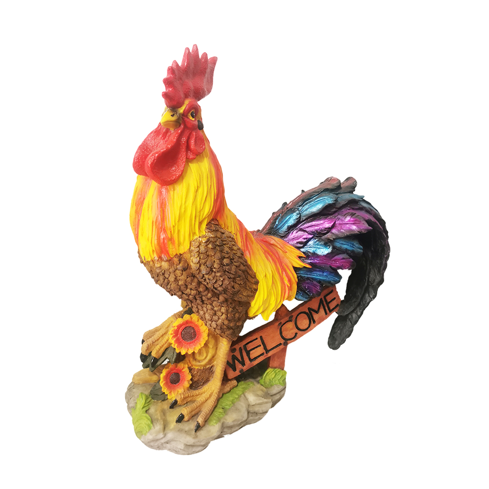 Resin art Colorful outdoor rooster Hen Animal statue with welcome sign figure for garden decoration