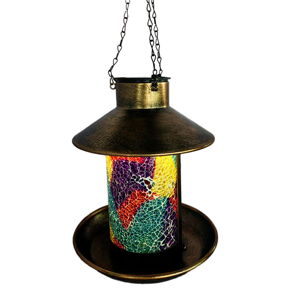 Garden Arts Decoration Mosaic Copper Outdoor Hanging Lantern Solar Powered Led Light Color Speckled Glass Metal Bird Feeder