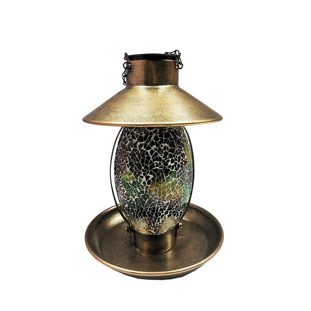 Garden Arts Decoration Mosaic Copper Outdoor Hanging Lantern Solar Powered Led Light Color Speckled Glass Metal Bird Feeder