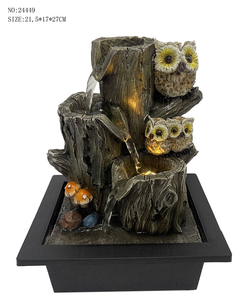 Owl Shape Polyresin Water Fountain With Led For Outdoor Garden Decoration